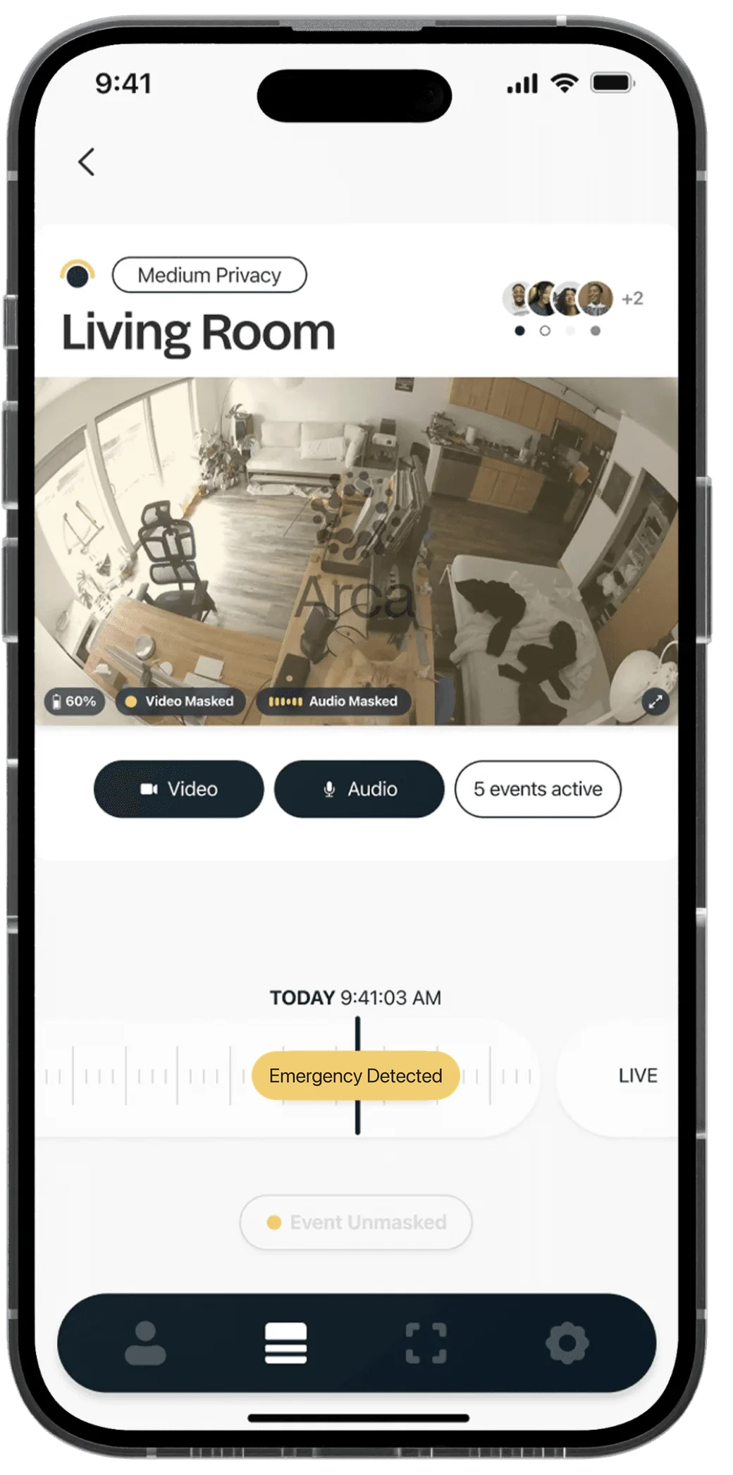 Phone screen: an Emergency Detected event on the living room timeline while Arca calls Kiana