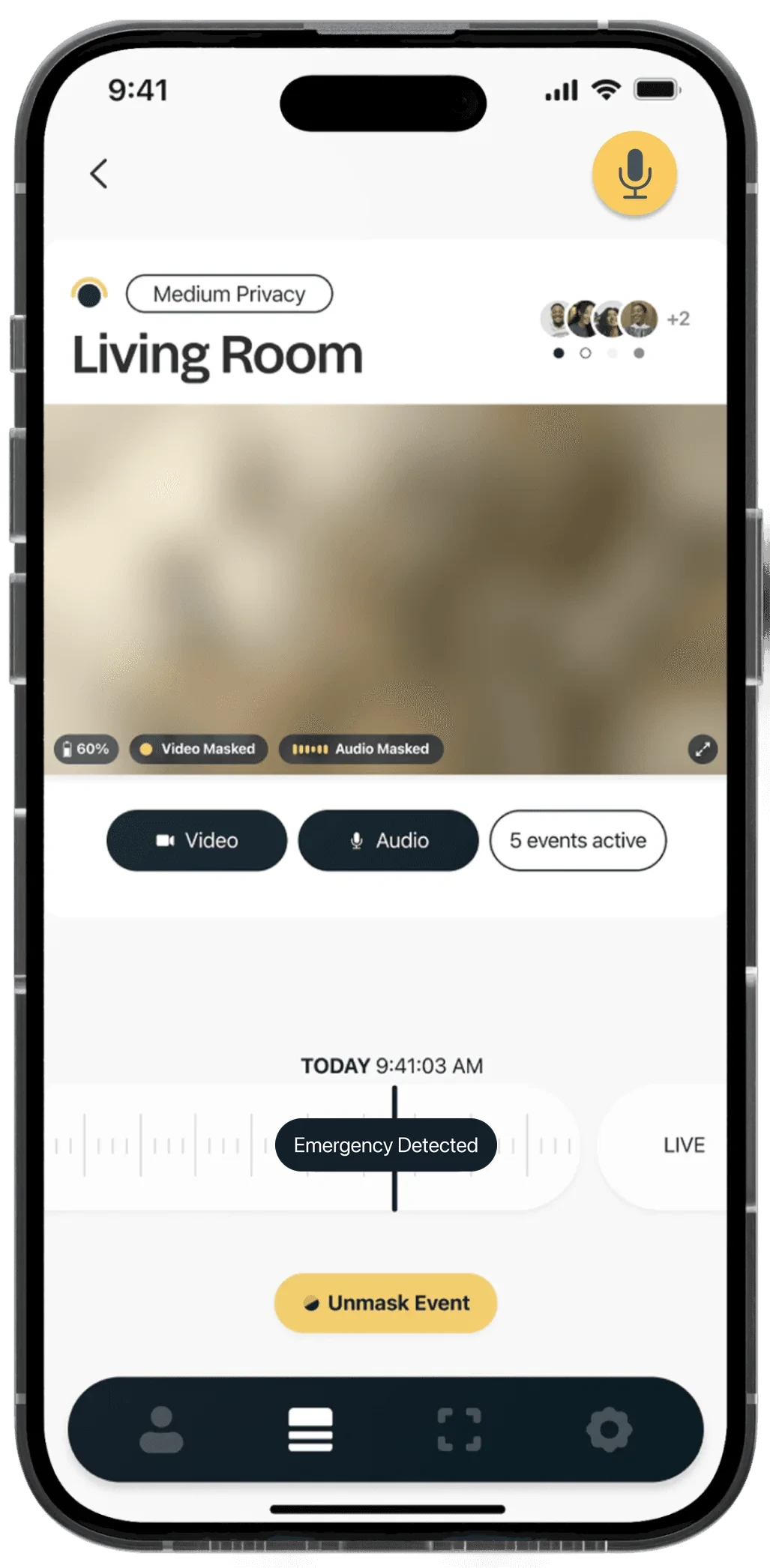 Phone screen: living room camera in Medium Privacy with an Emergency Detected event on the timeline