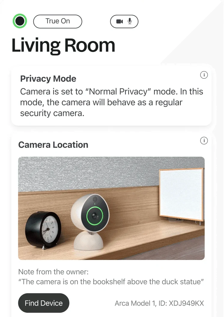 Living Room camera card: True On, privacy mode, camera location photo and a Find Device button