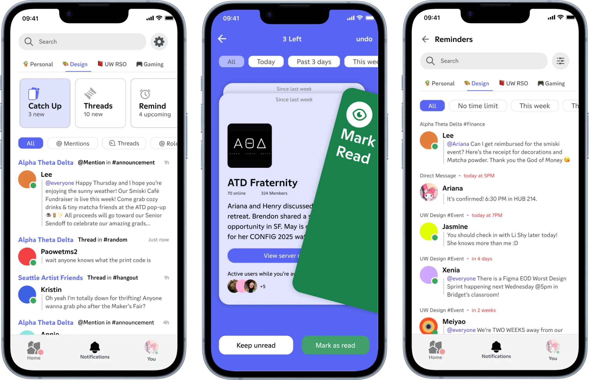 Discord redesign: notification inbox, catch-up card and reminders on three phones