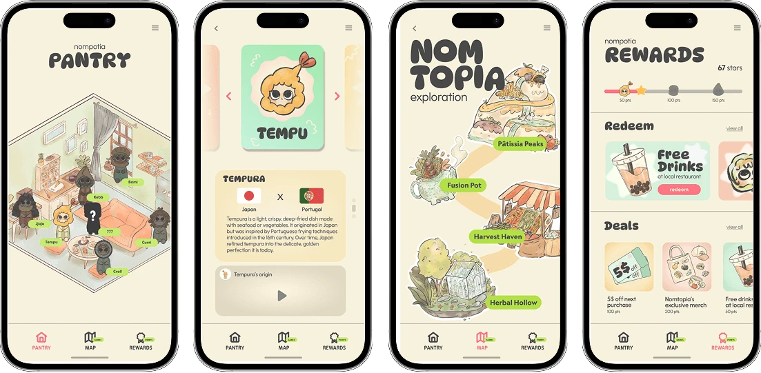 Four app screens: Fantry, Tempu’s story, Nomtopia exploration map and rewards