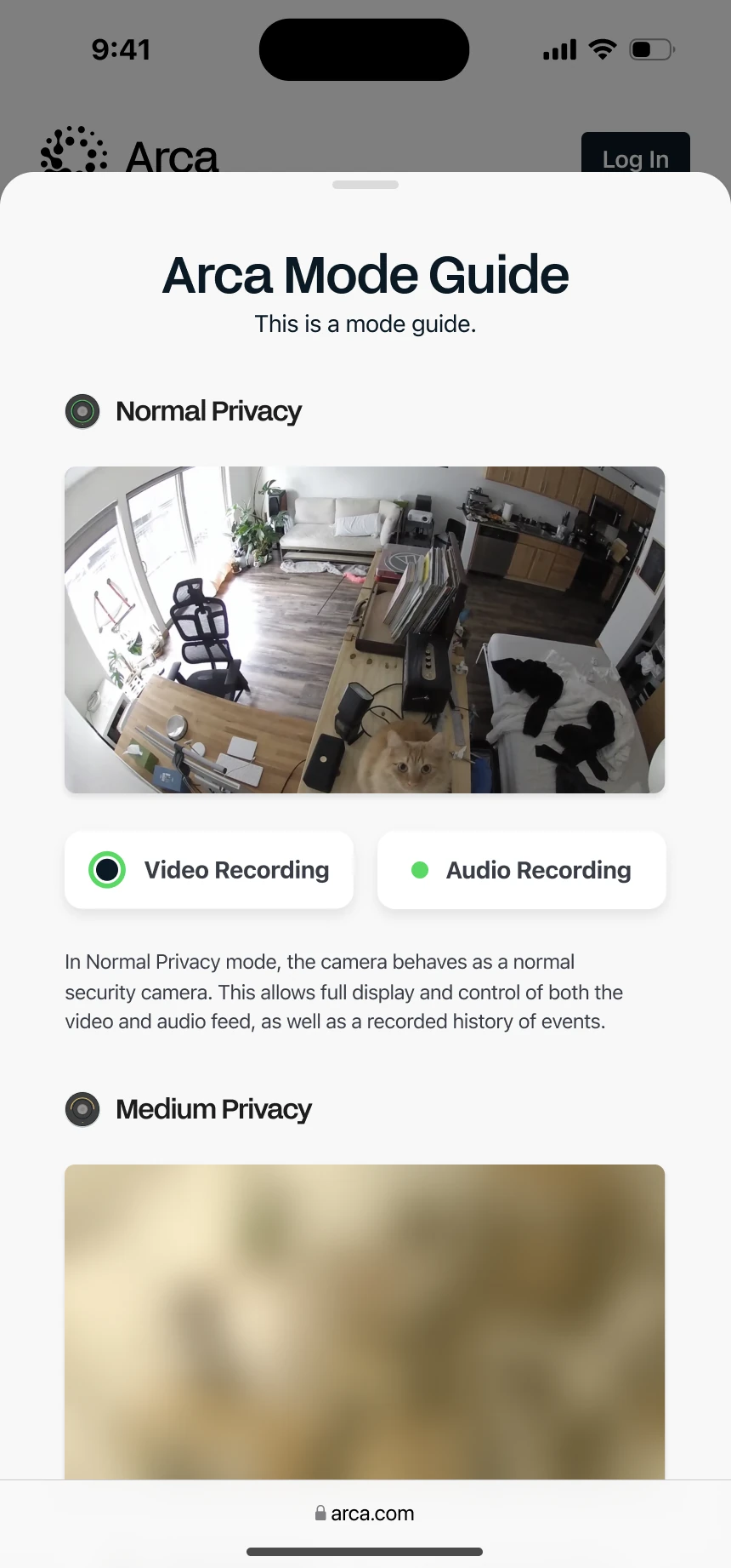 Arca mode guide explaining privacy states