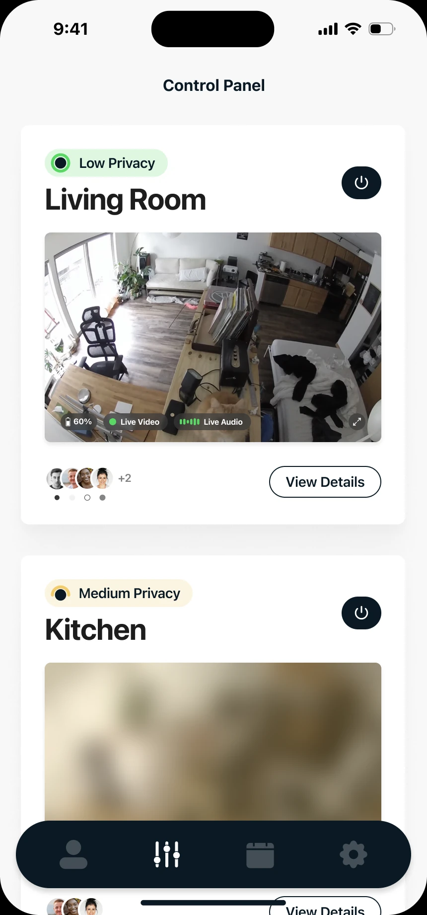 Control panel listing cameras with privacy states