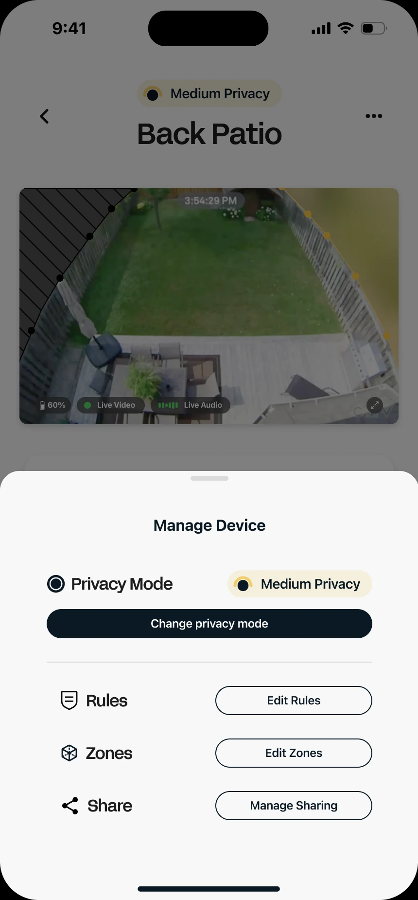 Manage device sheet: privacy mode, rules, zones, share
