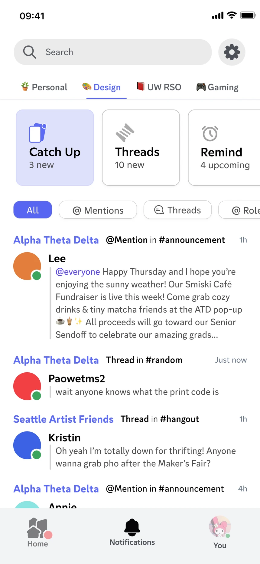 Notification inbox with folder tabs and Catch Up, Threads, Remind shortcuts