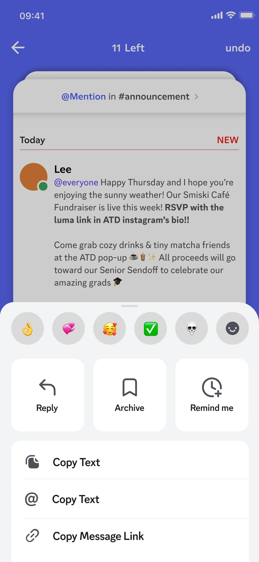 Long-press actions: reply, archive, remind me