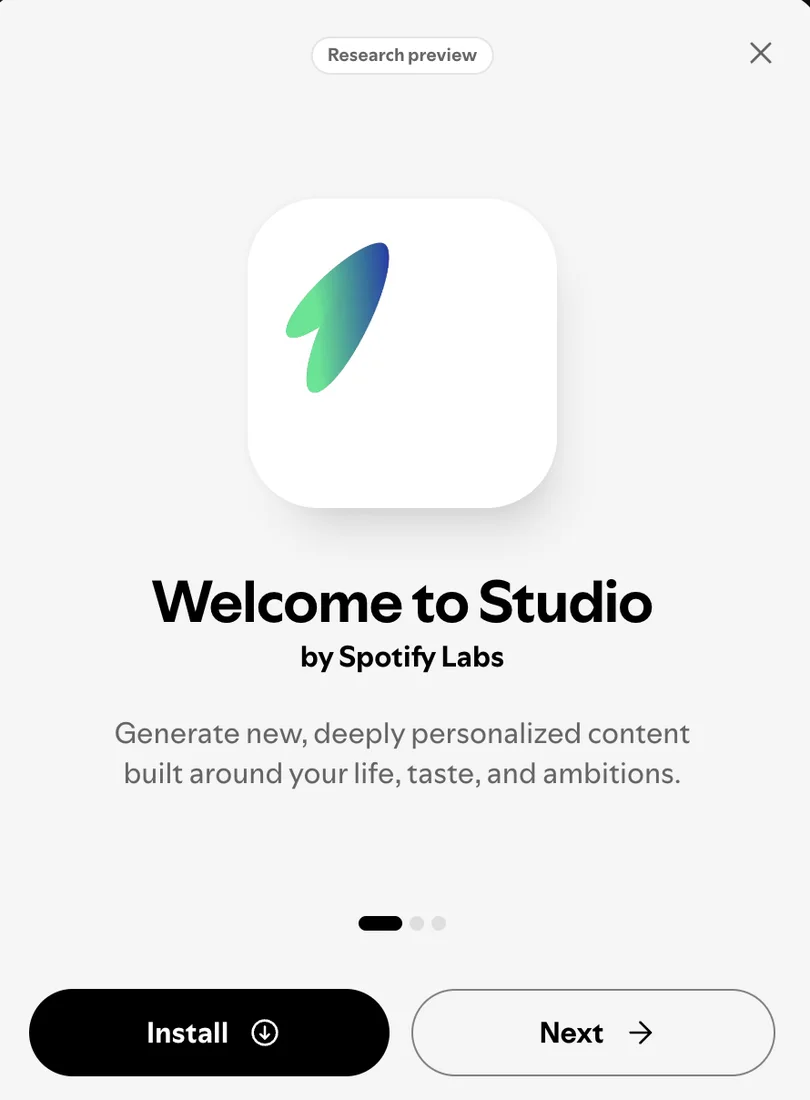Welcome to Studio by Spotify Labs onboarding screen