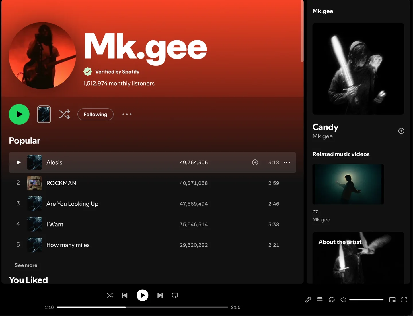 Artist page on desktop