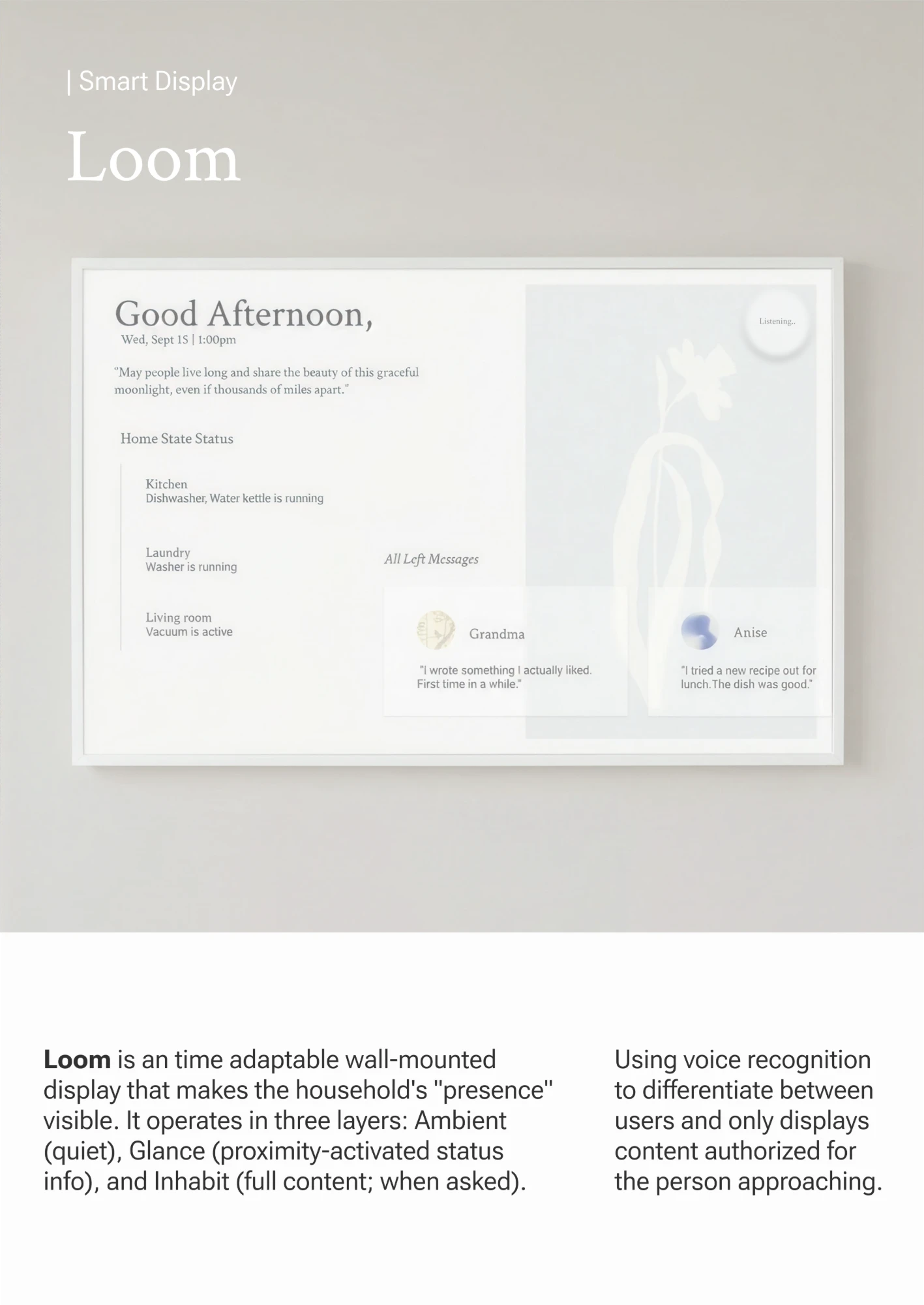 Loom, a wall-mounted display showing a greeting, home status and family messages