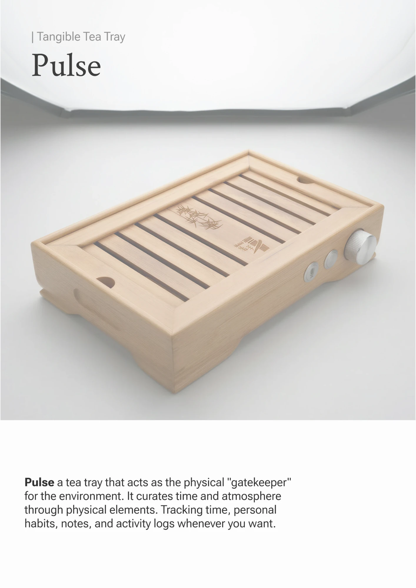 Pulse, a bamboo tea tray with buttons and a metal dial