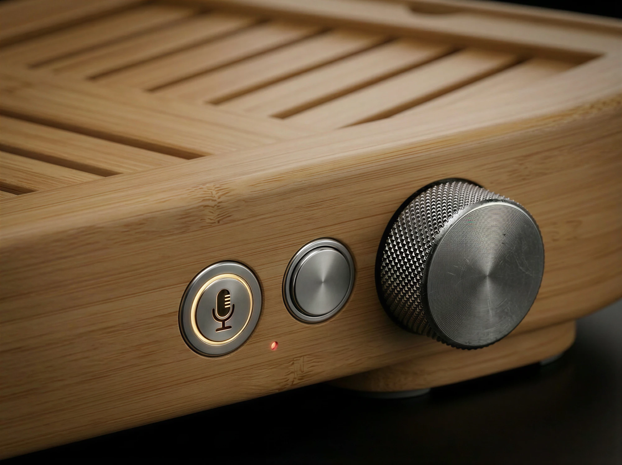 Close-up of Pulse's glowing record button and knurled metal dial