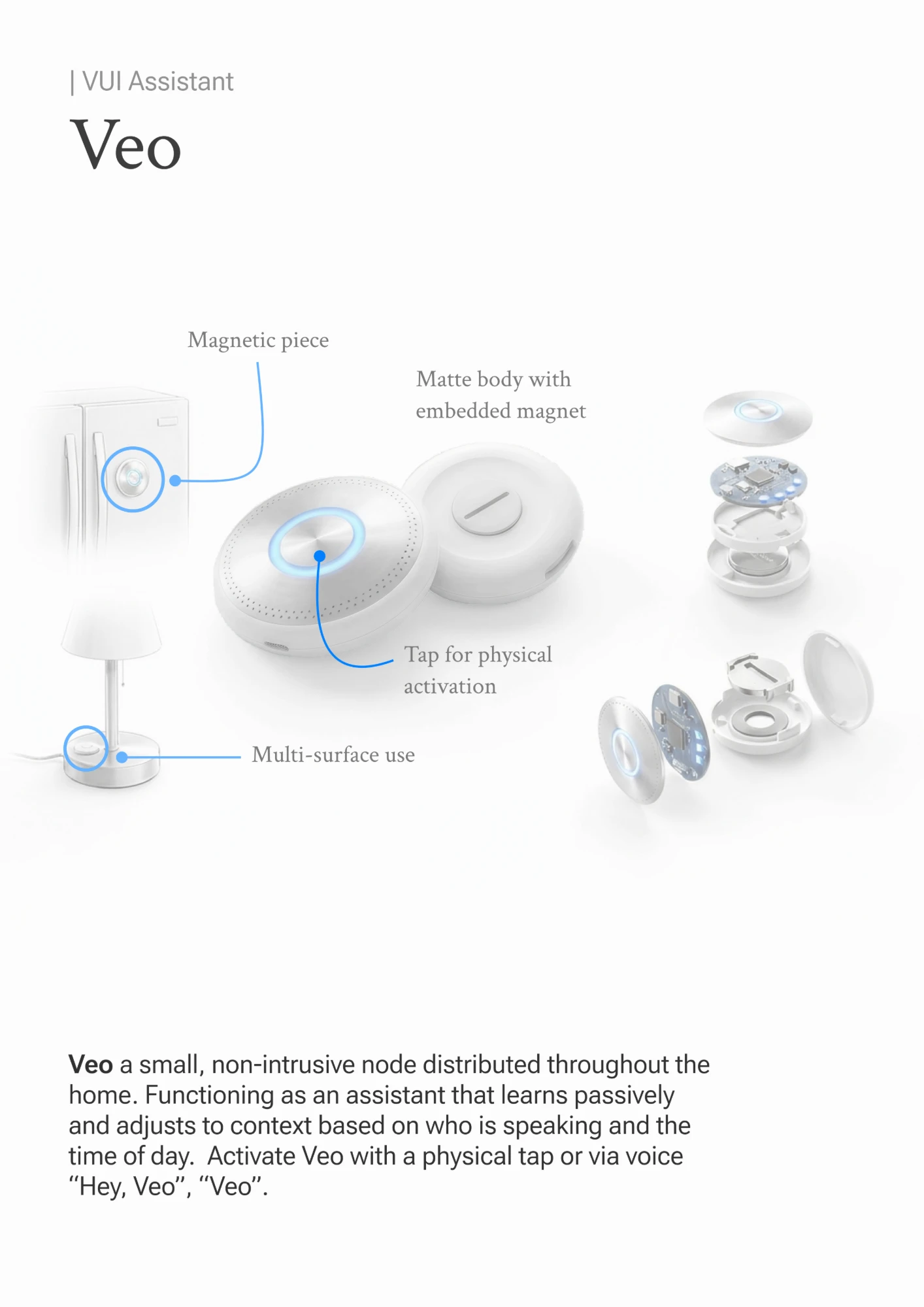 Veo pucks on a fridge and lamp base, with exploded components