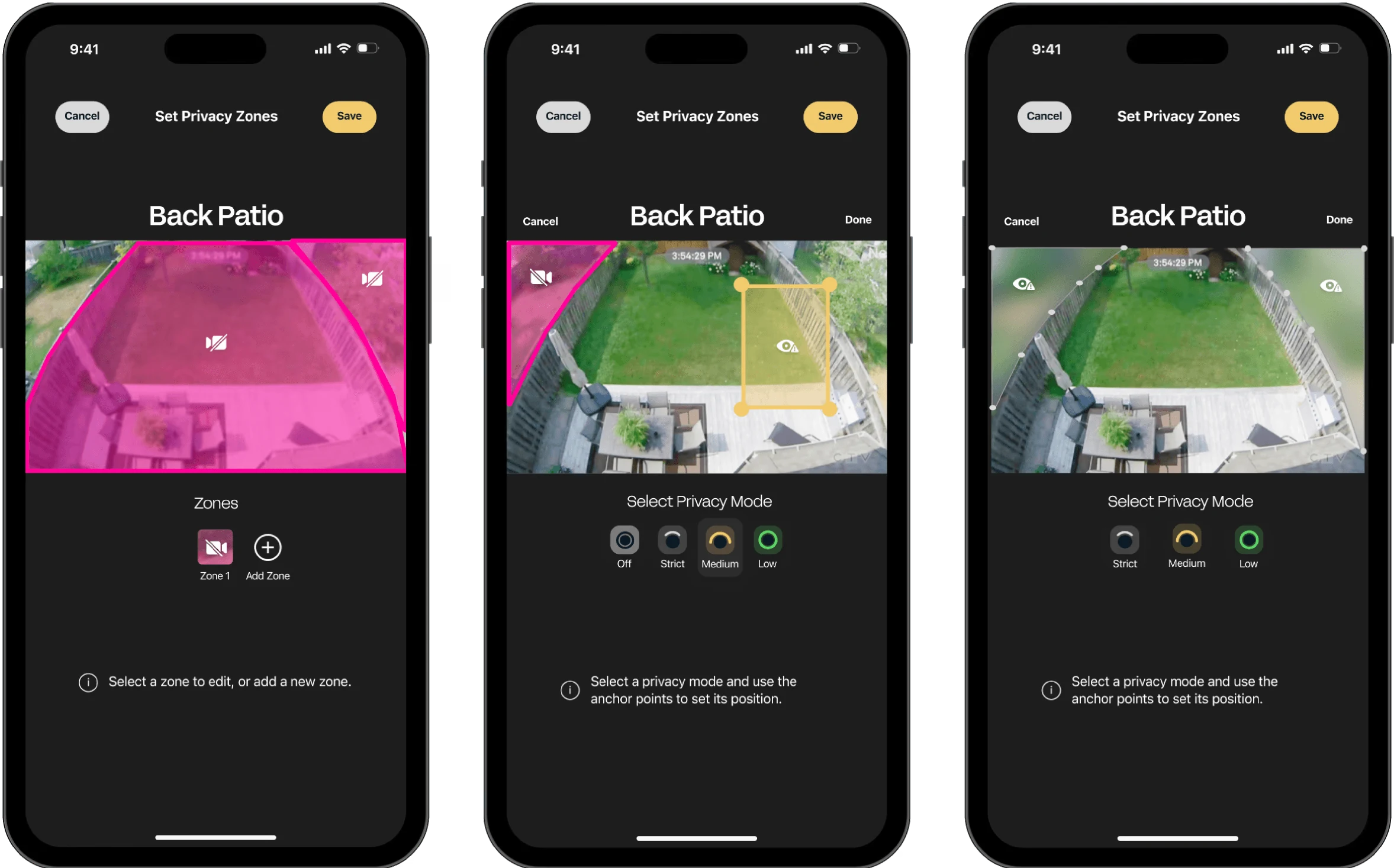 Three phone screens drawing privacy zones over a back patio camera view