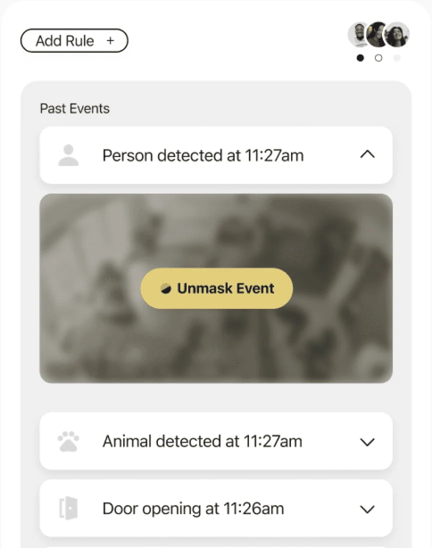 Past events list with a masked clip and an Unmask Event button