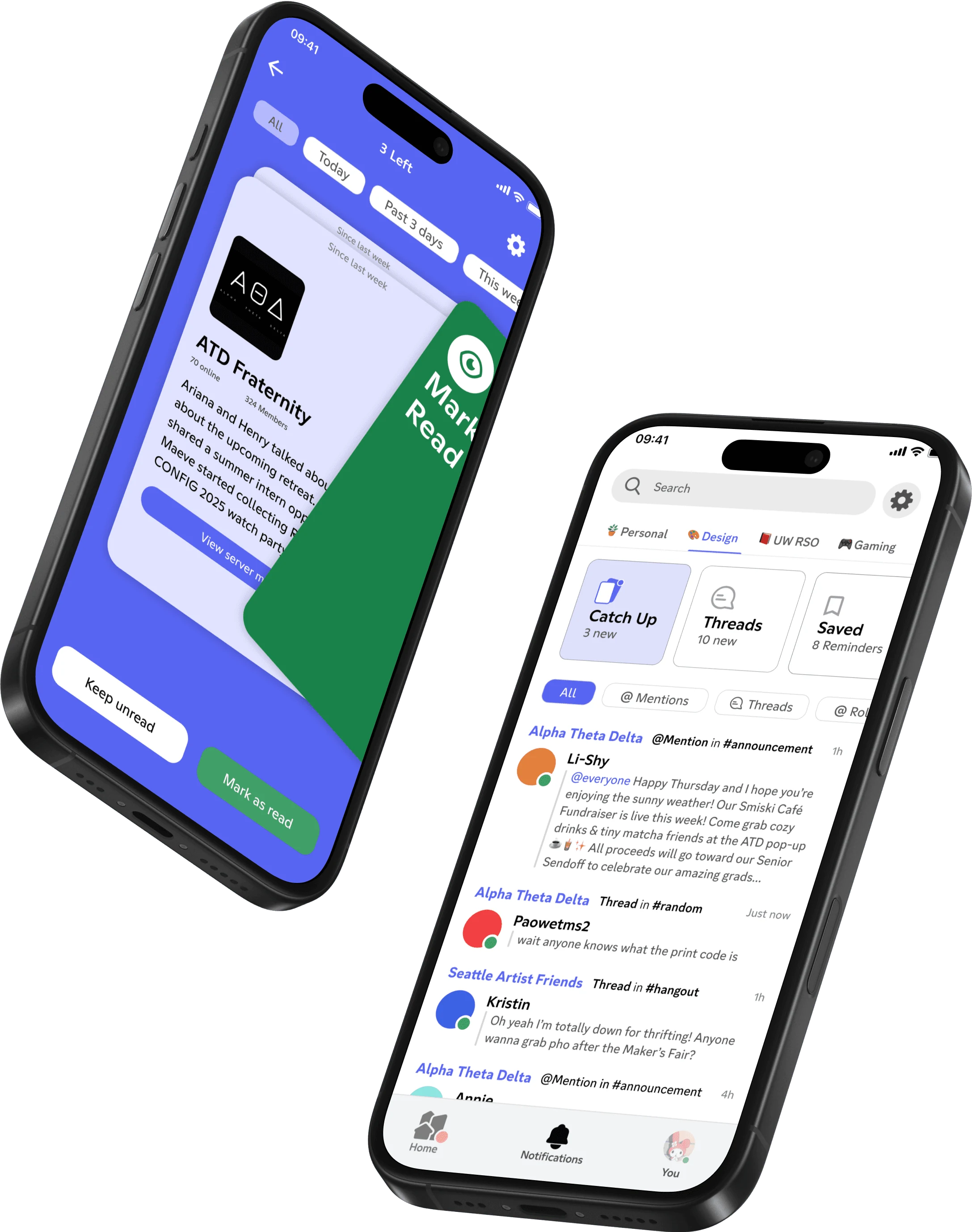 Two phones showing the redesigned Discord catch-up cards and notification inbox