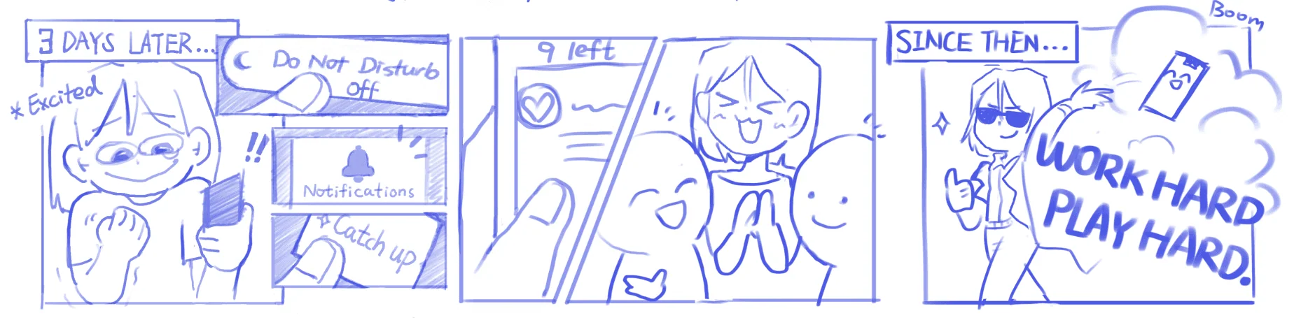 Storyboard: three days later, Do Not Disturb off, an easy catch-up with 9 left, 'work hard, play hard'