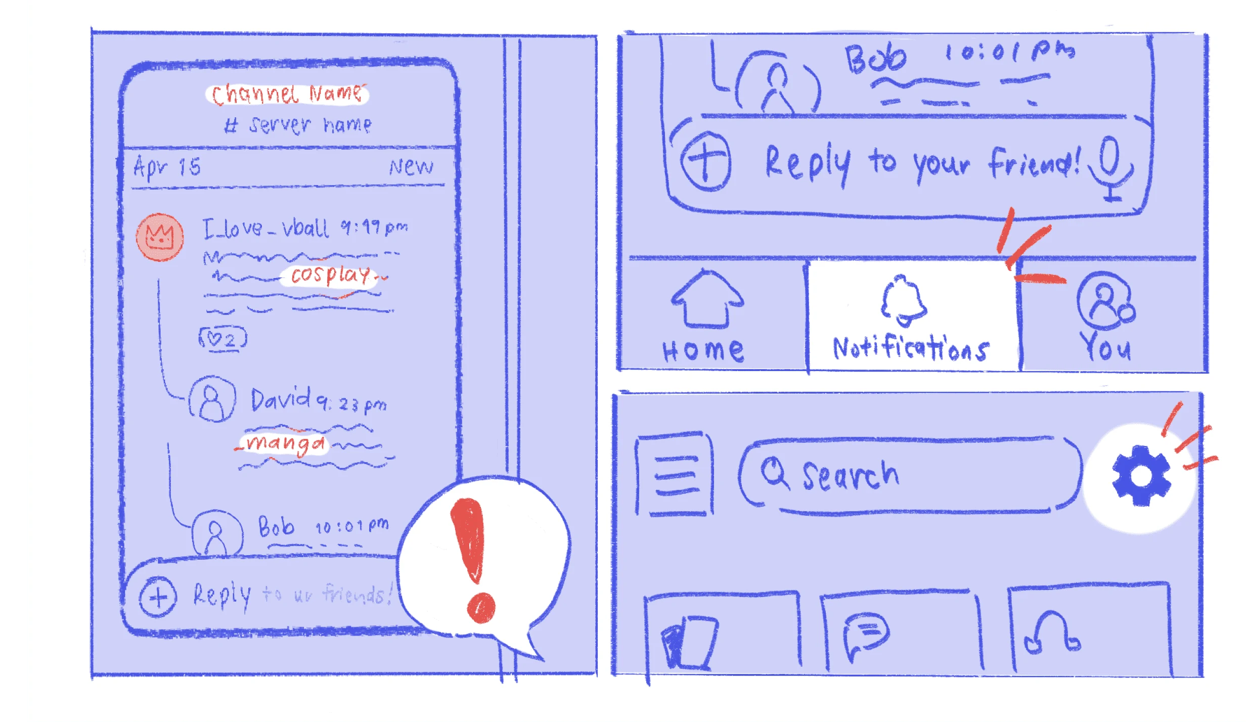 Hand-drawn wireframe sketches of the notification inbox