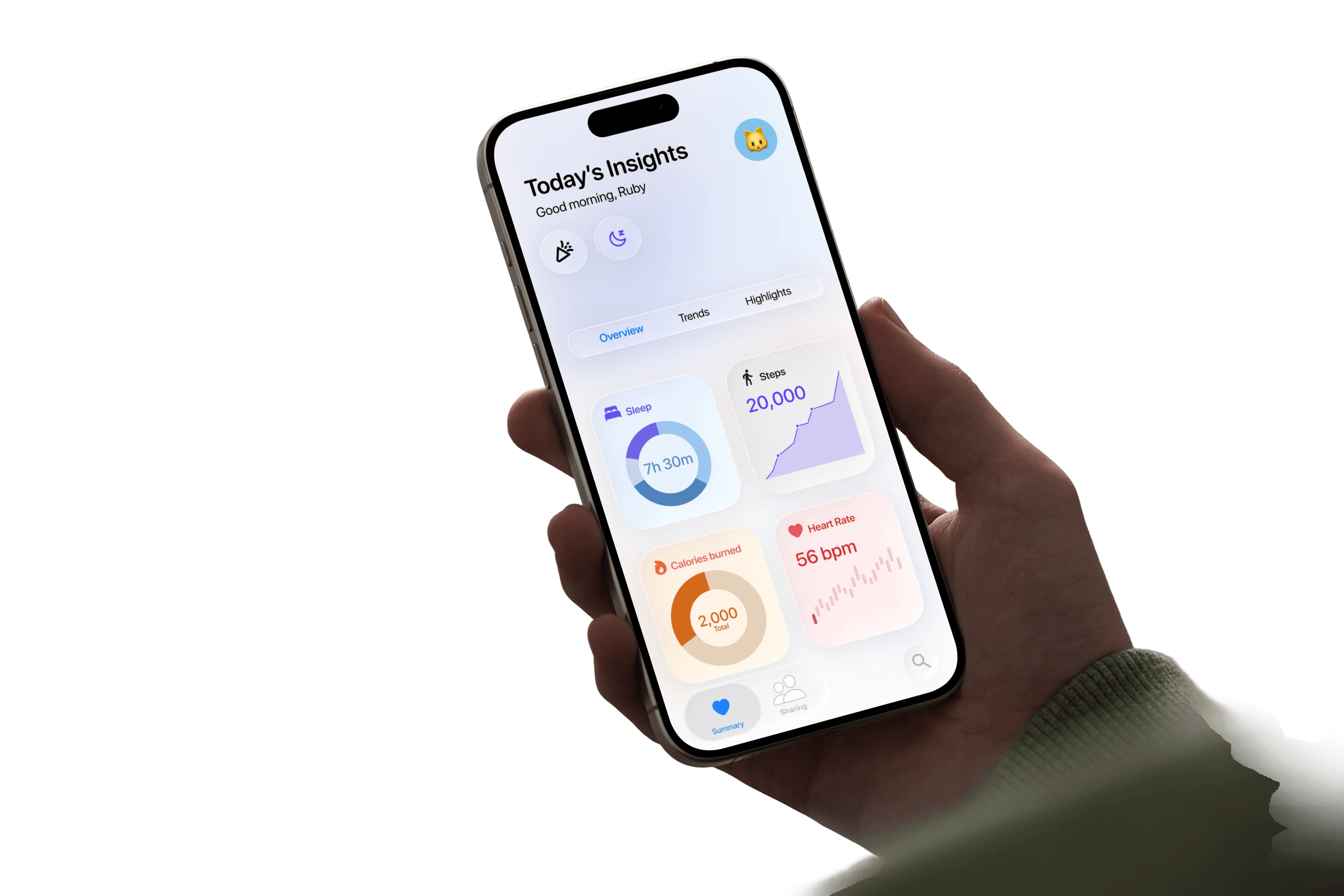 A hand holding an iPhone showing the redesigned Today’s Insights screen